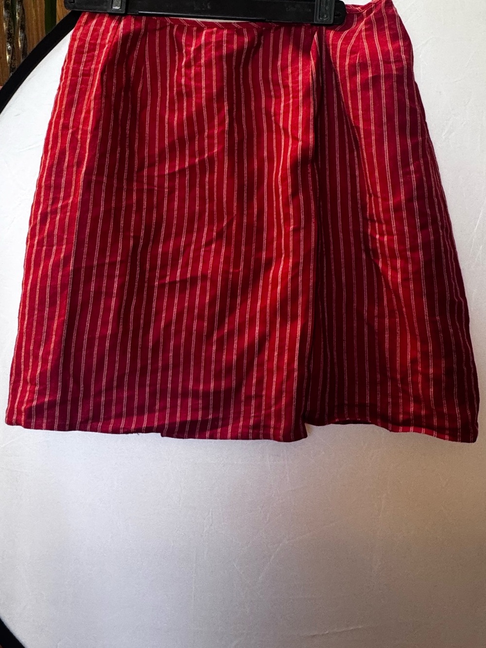 A-line Anne Klein Vintage 90s Linen Faux Wrap 8 Red Striped Linen Mini Skirt Y2K - Picture 5 of 15